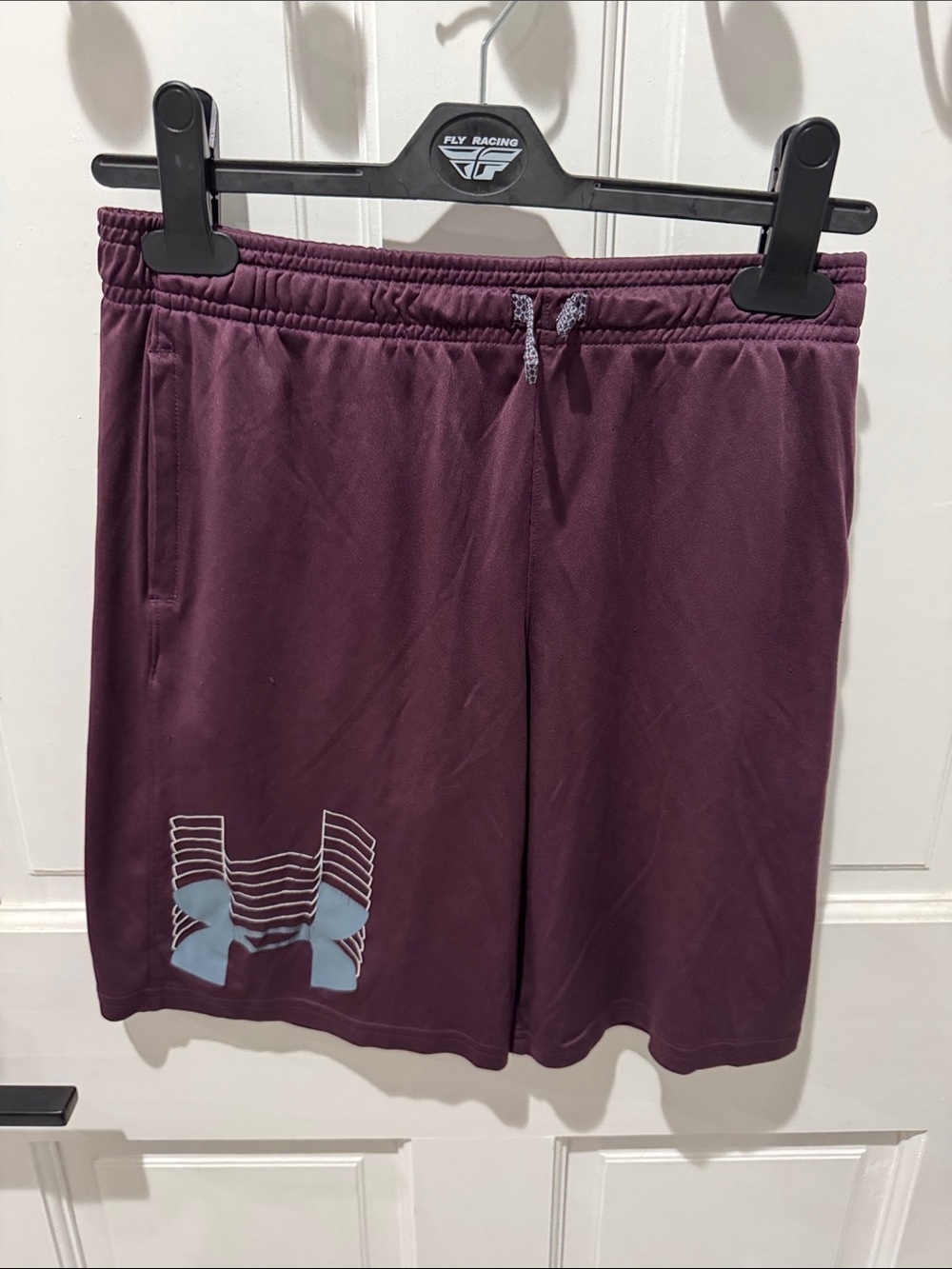 Under Armour Men's Burgundy Athletic Shorts with Light Blue Logo